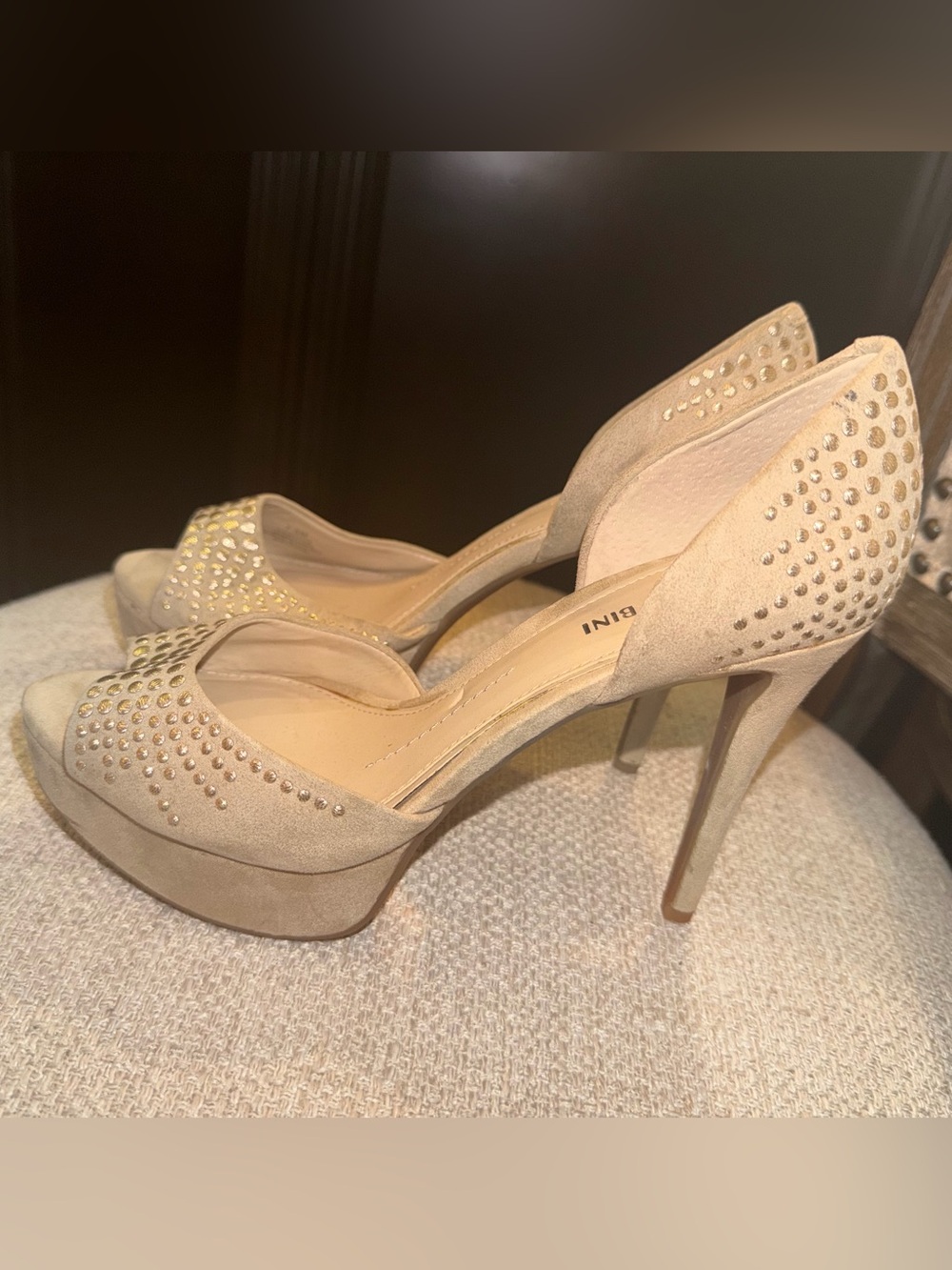 Gianni Bini Nude Suede Platform Peep-Toe Heels with Stud Accents